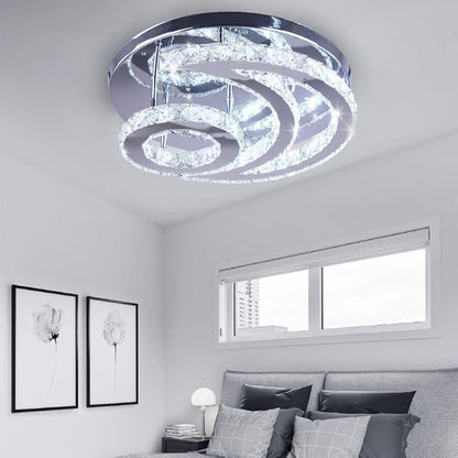 15.7" Crystal Chandelier Modern LED Ceiling Light Moon Shape Crystal Flush Mount Ceiling Lights Fixture for Bedroom Living Room Kitchen Hallway (6500K Cool White)