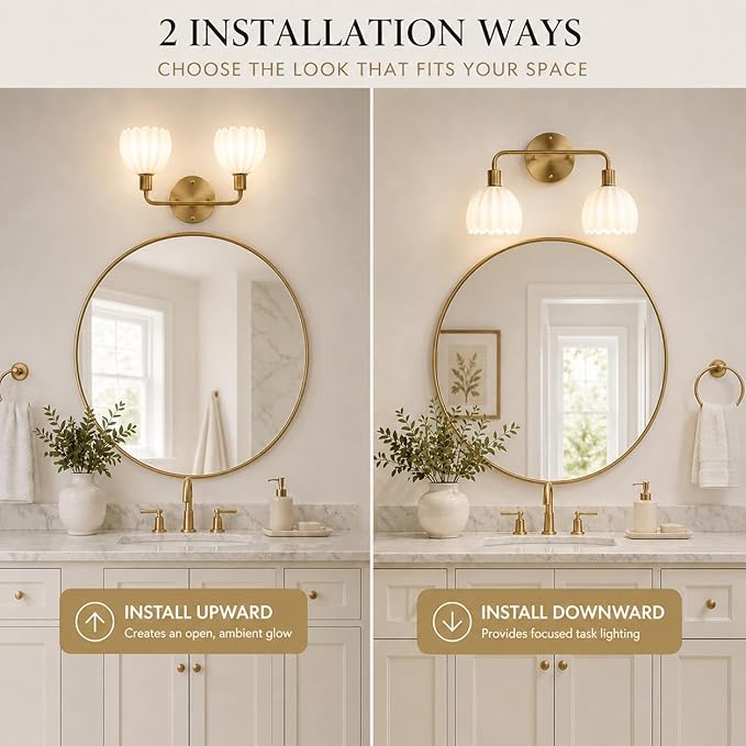 2-Light Gold Brass Bathroom Light Fixture,Wall Sconces,Brushed Gold Vanlity Light Over Mirror,Bathroom Vanity Light with White Glass Flower Shade,E26 Socket(Bulbs Not Included)