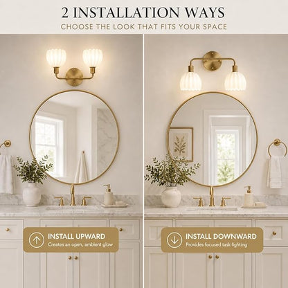 Brushed Gold 3-Light Vanlity Light Over Mirror,Wall Sconces,Gold Brass Bathroom Light Fixture with White Glass Flower Shade,E26 Socket(Bulbs Not Included)