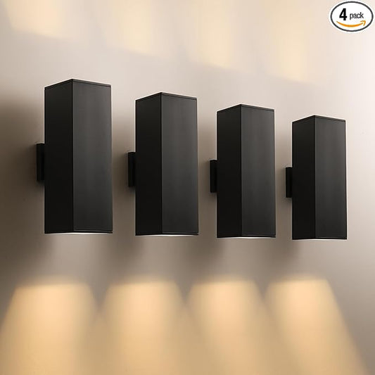 mirrea Modern Outdoor Porch Light Patio Light in 2 Lights with Aluminum Rectangular Tube and Tempered Glass Cover Waterproof Wall Sconce 4 Pack (Matte Black 18")
