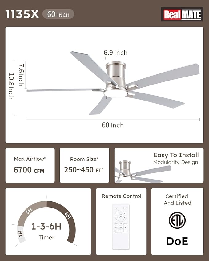 60 Inch Ceiling Fans with Lights and Remote, Nickel Low Profile Ceiling Fan, Flush Mount Style with 5 Blades, For Indoor Bedroom Living Room/Outdoor, 6 Speed Reversible DC Motor, 3CCT Dimmable LED