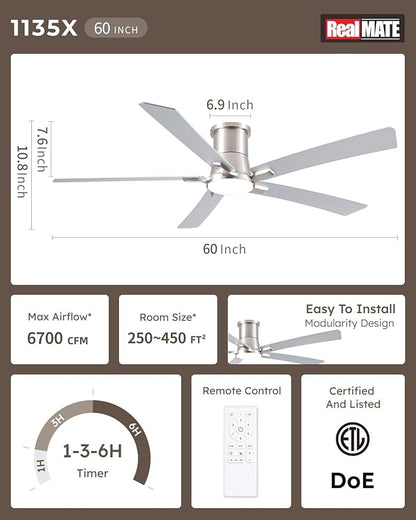 60 Inch Ceiling Fans with Lights and Remote, Nickel Low Profile Ceiling Fan, Flush Mount Style with 5 Blades, For Indoor Bedroom Living Room/Outdoor, 6 Speed Reversible DC Motor, 3CCT Dimmable LED
