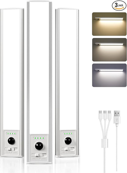EZVALO 3 Pack Under Cabinet Lighting Wireless with Battery Indicator, 2000mAh Rechargeable Motion Sensor Light Indoor, 10inch 80 LED Under Counter Lights for Kitchen Closet, 3 Color Temps, Dimmable