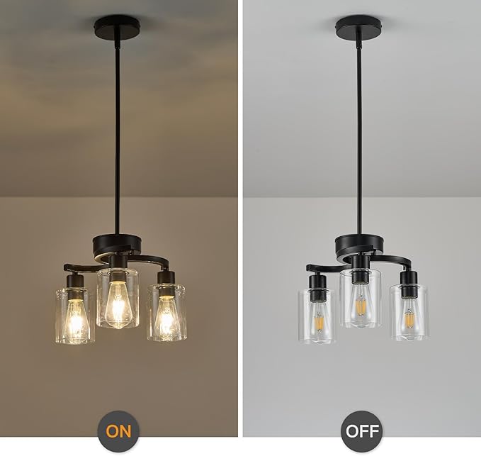 3 Lights Farmhouse Black Chandeliers Adjustable Height Hanging Modern Industrial Ceiling Pendant Lights for Kitchen Island Living Room Foyer Entry Bedroom Staircase