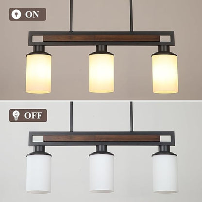 Farmhouse Dining Room Light Fixture, 3-Light Wood Kitchen Island Lighting for Dining Room Over Table, Black Adjustable Pendant Light with Milk Glass Shades, Linear Chandeliers Lighting for Kitchen