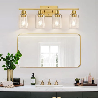 Indoi 4-Light Vanity Lights with Clear Glass Shades, Brushed Gold Bathroom Light Fixtures Over Mirror, Modern Bathroom Wall Lamp for Mirror Living Room Cabinet Bedroom Porch