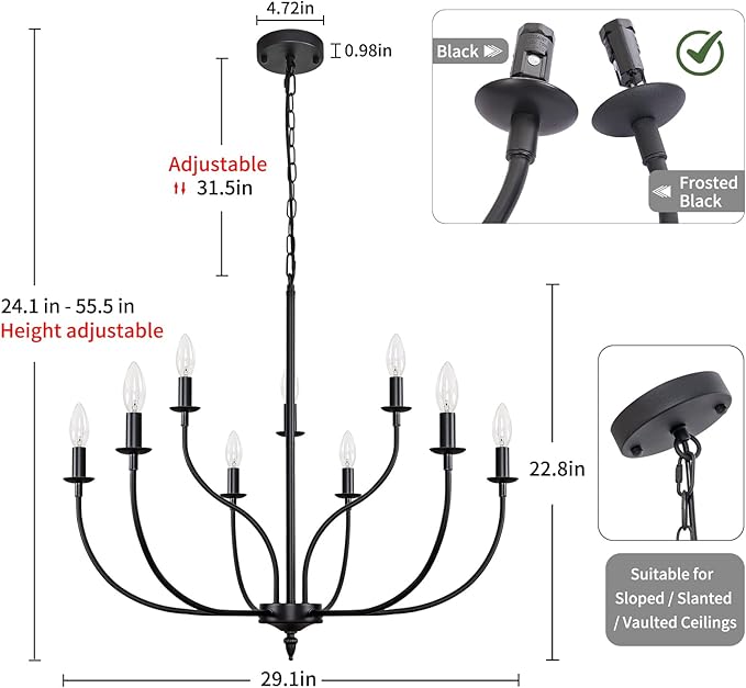 Black Chandelier, 9-Light Farmhouse Chandelier for Dining Room Lighting Fixtures Hanging, 2-Tier French Country Candle Chandeliers for Living Room Bedroom Foyer(Frosted Black)