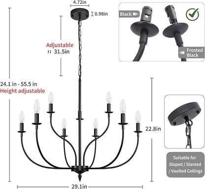 Black Chandelier, 9-Light Farmhouse Chandelier for Dining Room Lighting Fixtures Hanging, 2-Tier French Country Candle Chandeliers for Living Room Bedroom Foyer(Frosted Black)