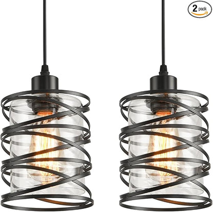 2 Pack Black Spiral Cage Pendant Lights with Clear Glass Shade, Suitable for Kitchen Island, Dining Table, Entryway, Restaurant