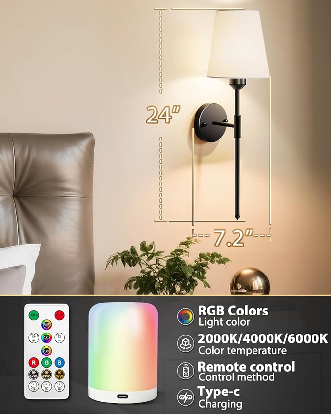 Adetu Wall Sconces Set of Two, Battery Operated Wall Sconce with 10000mAh RGB Dimmable Magnetic Bulbs and Remote, Rechargeable Wall Lights for Bedroom Living Room Hallway Decor
