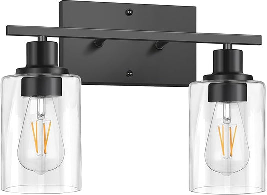 ShineTech 2-Light Bathroom Vanity Light Fixtures, Modern Wall Lighting with Clear Glass Shade, Matte Black Finished Wall Sconce Lighting for Mirror