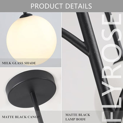 3 Light Milk Glass Chandelier Black Pendant Lights Kitchen Island Mid Century Dining Room Light Fixture Modern Globe Chandeliers for Bedroom Living Room Kitchen
