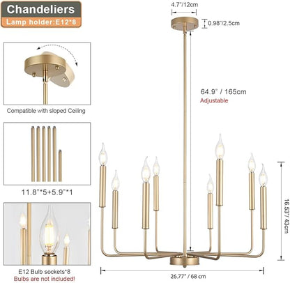 Yiisem Modern Farmhouse Gold Chandelier, 8-Light Rustic Candle Chandelier, Industrial Hanging Chandeliers for Dining Room, Kitchen, Foyer, Entryway, Living Room