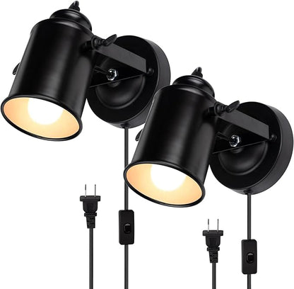 TISLYCO Wall Sconces with Plug in Cord Set of Two, Adjustable Retro Black Wall Lamp with On/Off Switch, Wall Mounted Lights for Bedroom Living Room, Industrial Sconce Wall Lamp Indoor Spotlight