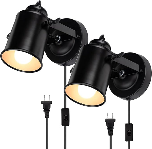 TISLYCO Wall Sconces with Plug in Cord Set of Two, Adjustable Retro Black Wall Lamp with On/Off Switch, Wall Mounted Lights for Bedroom Living Room, Industrial Sconce Wall Lamp Indoor Spotlight