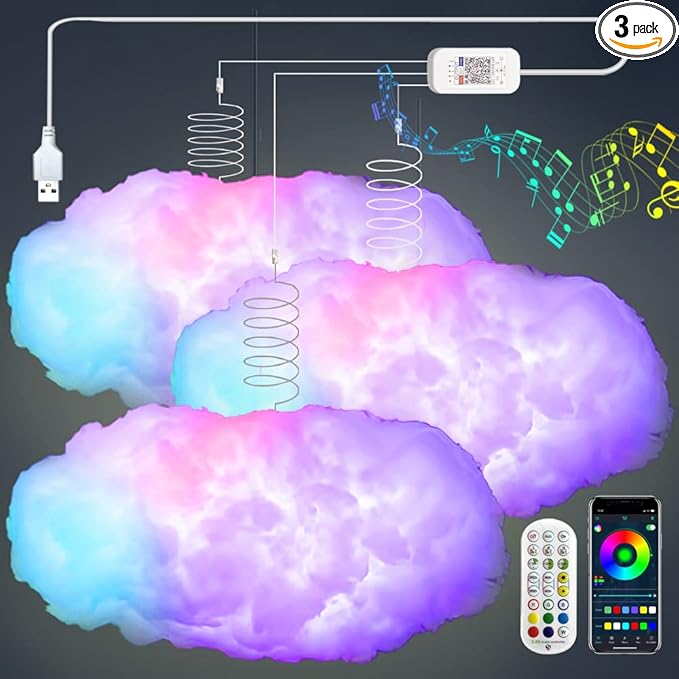 ZOKON 3PCS 3D Big Cloud Lightning Light Kit Music Sync Multicolor Lightning Changing Strip Lights 360 Degree Wireless Remote APP NO DIY Coolest Decorations for Adults and Kids Indoor Home Bedroom