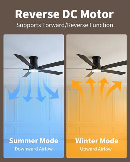 60 Inch Ceiling Fans with Lights and Remote, Black Low Profile Ceiling Fan, Flush Mount Style with 5 Blades, For Indoor Bedroom Living Room/Outdoor, 6 Speed Reversible DC Motor, 3CCT Dimmable LED