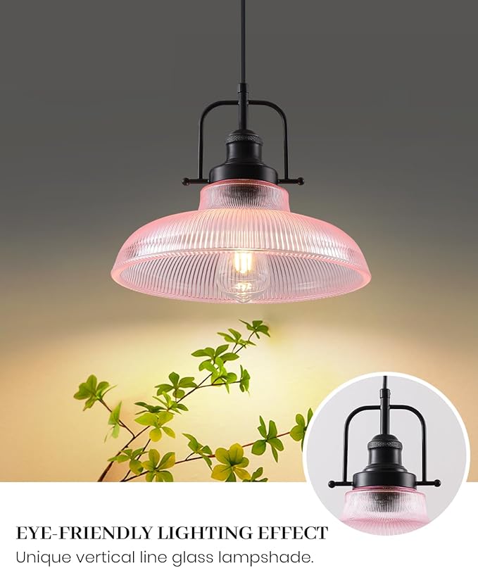 Pink Glass Pendant Lights Kitchen Island 1 Pack, 12-inch Ribbed Glass Kitchen Pendant Lights, Farmhouse Pendant Lighting Over Island, Sink, Bar, Vintage Pendant Light for Dining Room
