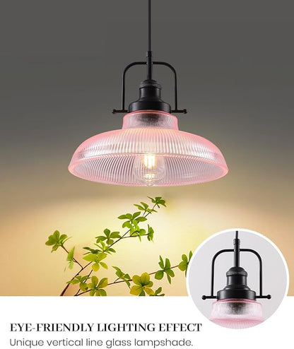Pink Glass Pendant Lights Kitchen Island 1 Pack, 12-inch Ribbed Glass Kitchen Pendant Lights, Farmhouse Pendant Lighting Over Island, Sink, Bar, Vintage Pendant Light for Dining Room