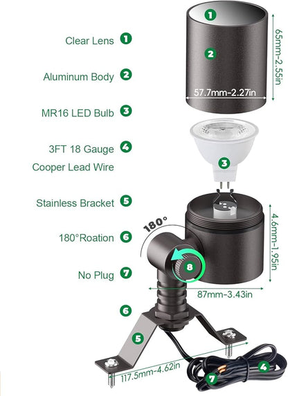 Low Voltage Down Light Spot Light Tree Light, Replaceable 5W MR16 LED Bulb, 12V Outdoor Uplighting Spotlight for House Wall Fence Garden Yard Patio 1-Pack