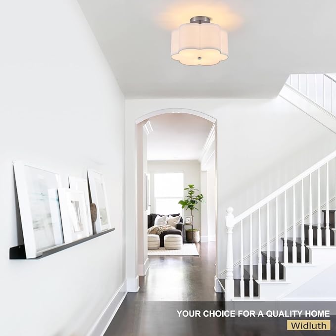 Modern Drum Semi Flush Mount Ceiling Light Fixture Modern 3-Lights Linen Drum Ceiling Lighting with Chrome Finish, Vintage Modern Ceiling Light for Laundry Room, Kitchen, Basement, Bedroom