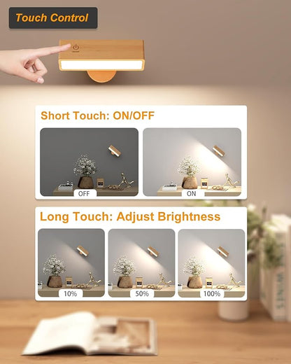 DetarZinLED Battery Operated Wall Sconces Set of 2,Rechargeable Wall Lights Wood,Stick On Wall Lights for Bedroom,Wall Mounted Bedside Reading Lamps Dimmable,Battery Powered Wall Lamp for Bedroom