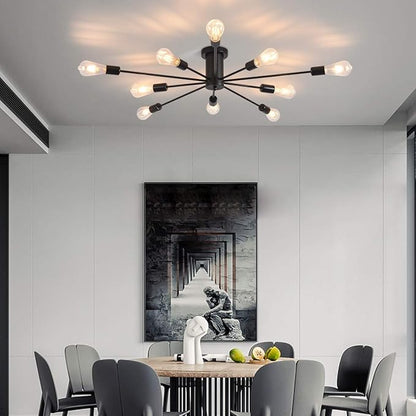 Garwarm Semi Flush Mount Ceiling Light, 10-Light Modern Black Sputnik Chandelier Industrial Ceiling Lamp for Kitchen Dining Room Living Room Bedroom Foyer Lighting Fixture