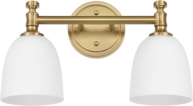Gold Bathroom Vanity Light Fixtures, 2-Light Over Mirror, Traditional Vanity Lights for Living Room, Milk White Glass Shades, Standard E26 Base, Aged Brass, 16.3" W x 9.4" H x 6.25" D