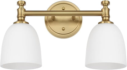 Gold Bathroom Vanity Light Fixtures, 2-Light Over Mirror, Traditional Vanity Lights for Living Room, Milk White Glass Shades, Standard E26 Base, Aged Brass, 16.3" W x 9.4" H x 6.25" D