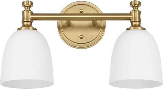 Gold Bathroom Vanity Light Fixtures, 2-Light Over Mirror, Traditional Vanity Lights for Living Room, Milk White Glass Shades, Standard E26 Base, Aged Brass, 16.3" W x 9.4" H x 6.25" D
