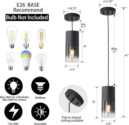 Black Pendant Light Fixtures, Adjustable Modern Pendant Lights for Kitchen Island, Industrial Glass Pendant Lights for Dining Table Hallway Bedroom Living Room,1 Pack