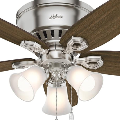 Hunter 42 inch Indoor Ceiling Fan with LED Lights - Ceiling Fan with Pull Chain, For Bedroom, Living Room, or Kitchen, Low Profile Flush Mount, No Remote, 5 Blades - Builder 51092, Brushed Nickel