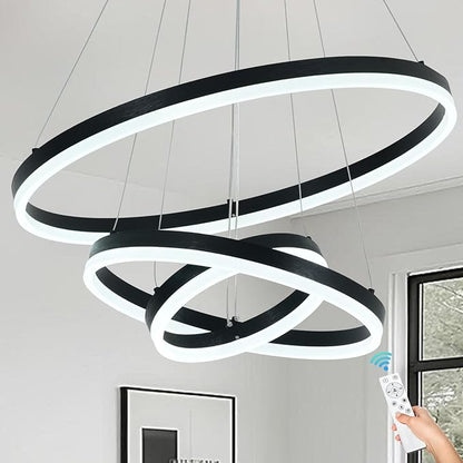 3 Rings Modern LED Chandelier Black High Ceiling Ring Chandeliers with Remote Control Circular Pendant Light Dimmable for Dining Room Living Room Bedroom Foyer Entryway 3000K-6500K