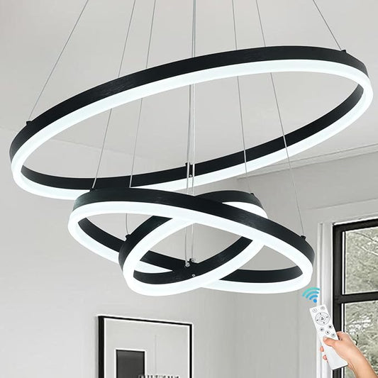 3 Rings Modern LED Chandelier Black High Ceiling Ring Chandeliers with Remote Control Circular Pendant Light Dimmable for Dining Room Living Room Bedroom Foyer Entryway 3000K-6500K