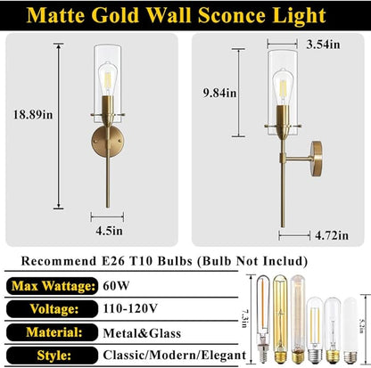 Gold Wall Sconces, Modern Wall Lights with Clear Glass Shade, Indoor Hardwired Wall Mount Light Fixtures for Living Room Bathroom, Bedroom, Hallway, 2 Pack