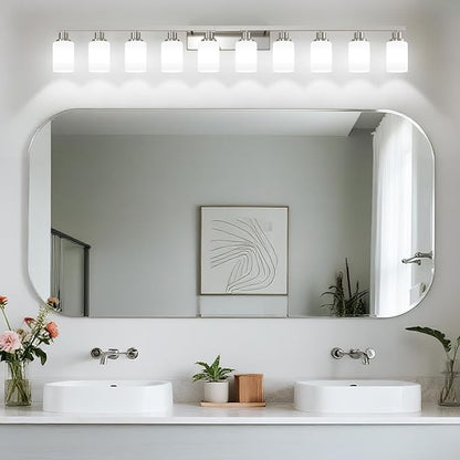 10-Light Bathroom Vanity Light Brushed Nickel,64.5in Vanity Lights with White Frosted Glass,Modern Bathroom Wall Lights Fixtures Over Mirror,Wall Sconces Lighting for Bedroom Living Room,E26