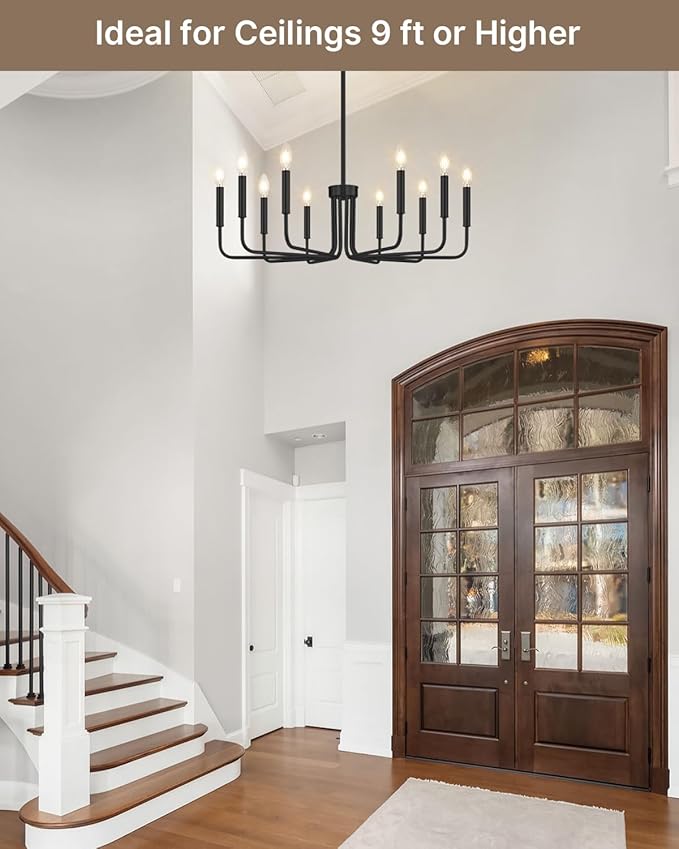 Yunnix 10 Light Black Chandelier, 33" Extra Large Modern Farmhouse Chandelier - Matte Black Hanging Light Fixture Industrial Dining Room Light for Kitchen Island, Living Room, Hall, Foyer