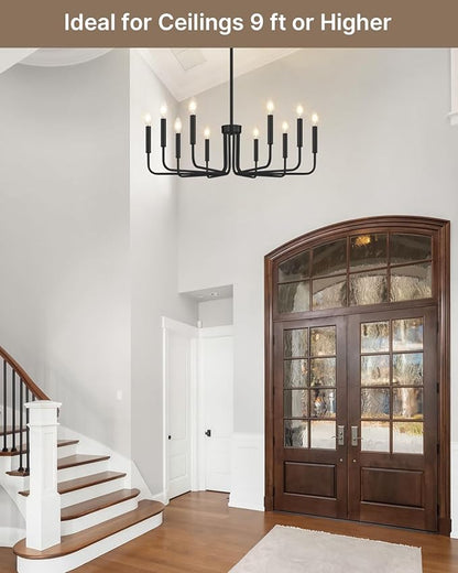 Yunnix 10 Light Black Chandelier, 33" Extra Large Modern Farmhouse Chandelier - Matte Black Hanging Light Fixture Industrial Dining Room Light for Kitchen Island, Living Room, Hall, Foyer