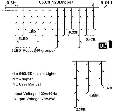 Warm White Christmas Lights Outdoor, 66ft 640 LED Icicle Lights for Outside House with Connectable Clear Wire 8 Modes Timer, Plug in Waterproof for Eaves Yard Party Indoor Holiday Decoration