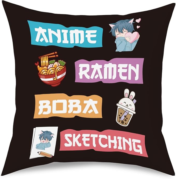 Anime Decor, Just a Girl Who Loves Ramen Boba Sketching Room Decorative Throw Pillow Covers, Anime Lovers for Home Living Room Girl Women Bedroom Decoration Gifts