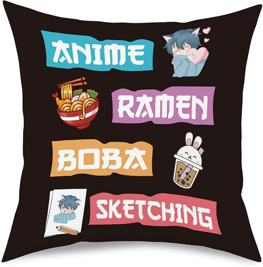 Anime Decor, Just a Girl Who Loves Ramen Boba Sketching Room Decorative Throw Pillow Covers, Anime Lovers for Home Living Room Girl Women Bedroom Decoration Gifts