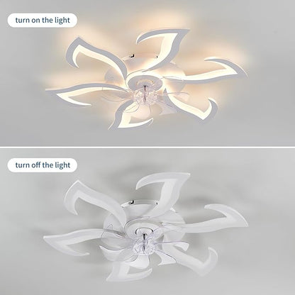 White Flower Modern CeilingFans with Lights, Low Profile Ceiling Fan with Remote for bedroom, 32inch Flush Mount Ceiling Fan with LED Dimmable Light,3-Colors, 6-Speeds, Timing Ceiling Fan Light