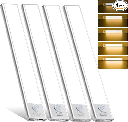 4 Pack Under Cabinet Lighting, Rechargeable Motion Sensor Light Indoor, Wireless Dimmable Magnetic Closet Lights, 32 LED Under Counter Lights for Kitchen, Wardrobe, Stairs, Warm Light