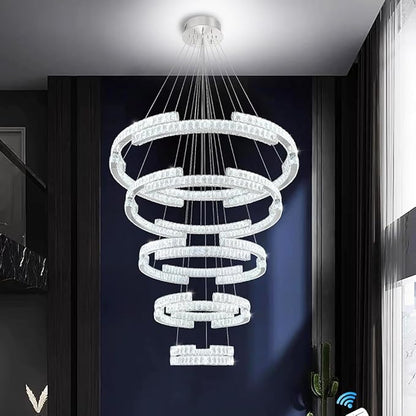 Modern Large Ring Chandelier Lighting, LED 5 Ring Crystal Chandelier High Ceiling Foyer Chandeliers for Staircase Living Room Silver D47.5''+D40''+D32''+D24''+D16''