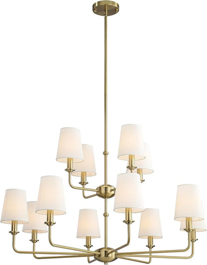 12-Light Brushed Gold Chandelier, E12 Bulb Compatible, White Fabric Shades, Adjustable Rod, Farmhouse & Industrial Style Ceiling Light for Living Room Dining Room Bedroom