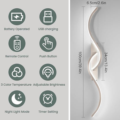 Modern Battery Operated Wall Sconces, Rechargeable Wall Sconces, 3000K-6500K LED Wireless Wall Light, Modern Wall Lamp not Hardwired for Living Room Bedroom Hallway -39.37 in (Nickel)