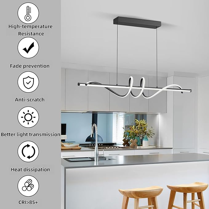 Modern LED Pendant Lights, Ceiling Chandelier Dimmable with Remote Control 3000k-6000K Adjustable Color Temperature, Aluminum Island Lighting Lamp Fixture for Kitchen, Dining Room(39in Black)