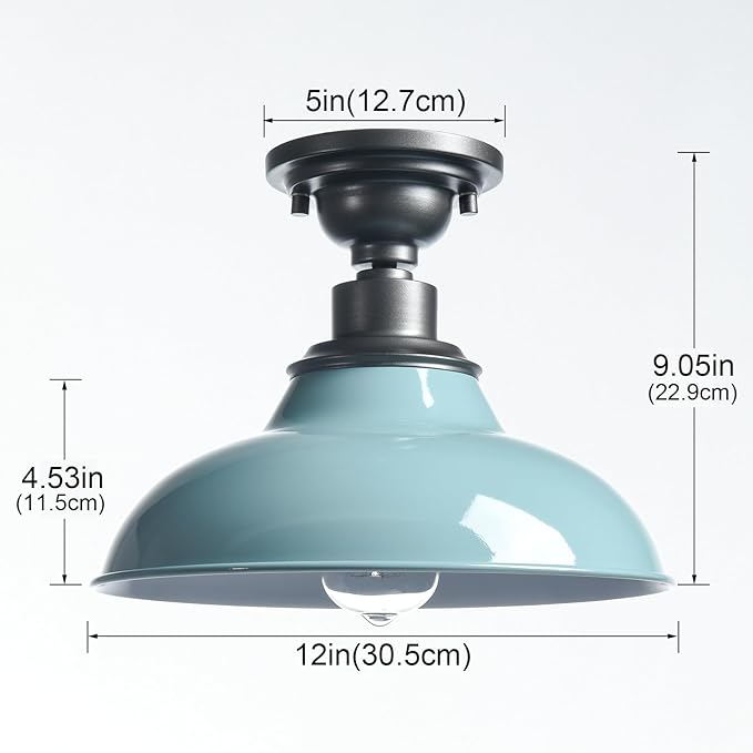 SAMTEEN Farmhouse Semi Flush Mount Ceiling Light 12-Inch Aqua Blue Flush Mount Barn Light Industrial Barn Ceiling Light Fixture for Hallway Loft Laundry Room, 2 Pack