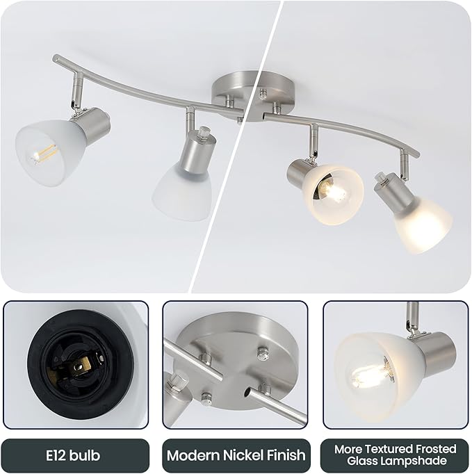 KEESFU 4 Light Nickel-Finish Track Lighting Fixture with Adjustable Directional Heads and Frosted Glass Shades – Ideal for Kitchen, Hallway, Living Room & Bathroom Vanity Lighting (Bulbs Not Included)
