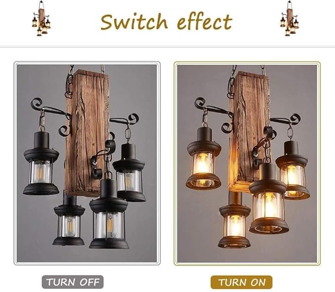 Wood Retro Pendant Lighting Industrial Vintage Chandelier Black Metal Bedroom Restaurant Suspension Lamp Cage Frame with Glass Shade House Loft Bar Coffee Decoration Ceiling Lights Fitting, E27